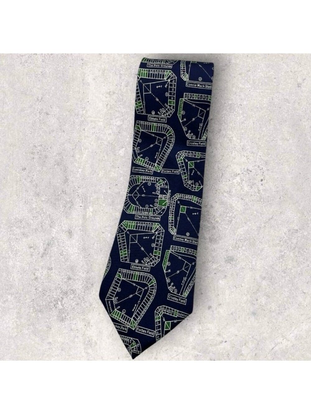 JOSH BACH Silk Tie USA Navy White Green Baseball Fields W:3.8" EUC